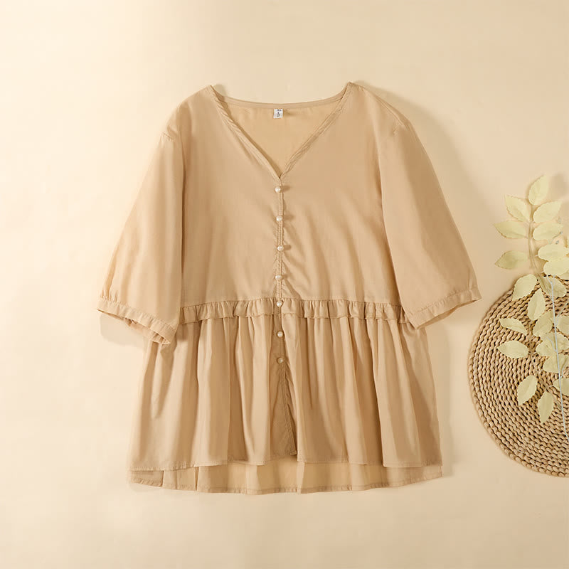 Buddha Stones Sommerliches, einfarbiges Kurzarmhemd für Damen mit V-Ausschnitt und Zierknöpfen - Biskuit - US 8-10, UK/AU 12-14, EU 40-42 (2XL) - image 0