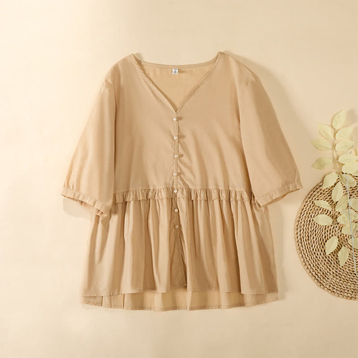 Buddha Stones Sommerliches, einfarbiges Kurzarmhemd für Damen mit V-Ausschnitt und Zierknöpfen - Biskuit - US 8-10, UK/AU 12-14, EU 40-42 (2XL) - image 0