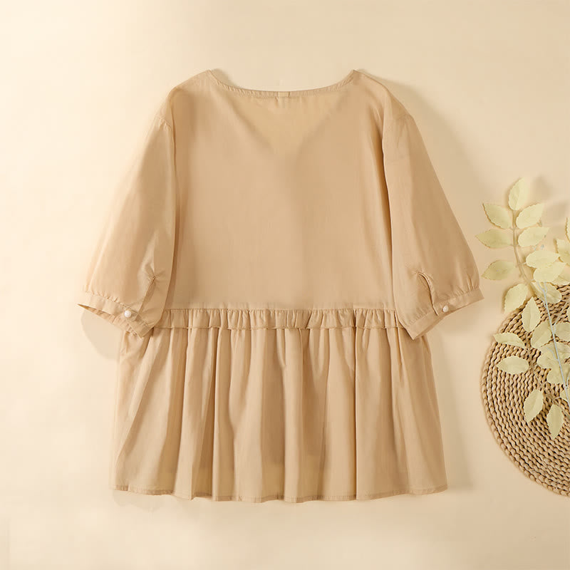 Buddha Stones Sommerliches, einfarbiges Kurzarmhemd für Damen mit V-Ausschnitt und Zierknöpfen - image 1