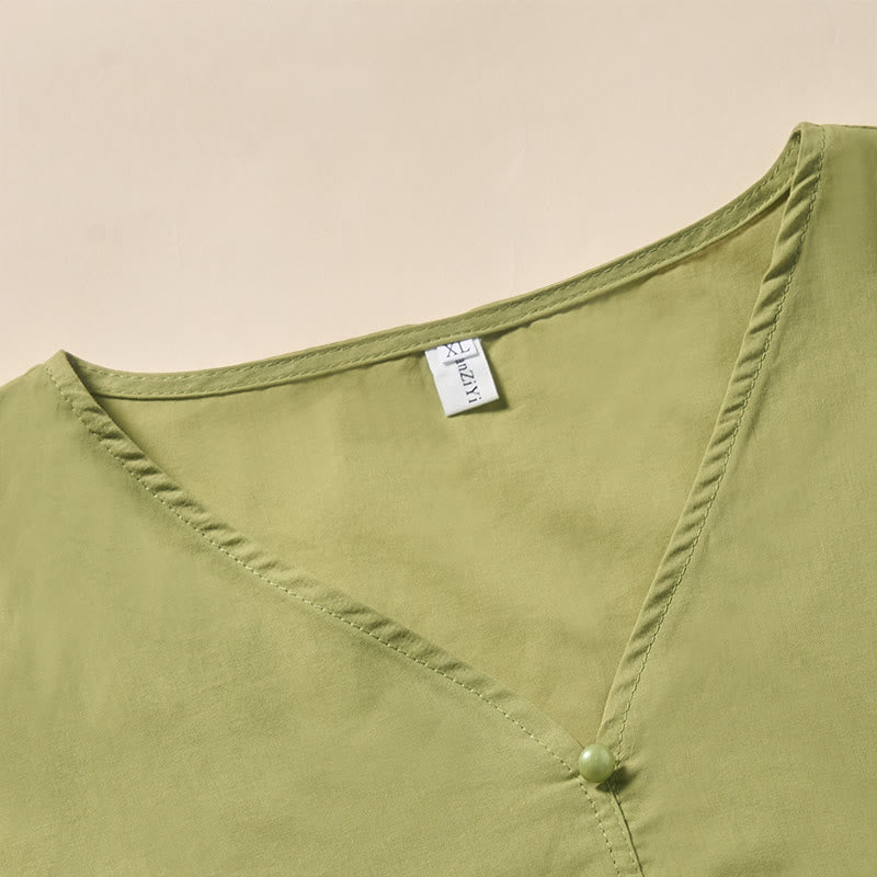 Buddha Stones Sommerliches, einfarbiges Kurzarmhemd für Damen mit V-Ausschnitt und Zierknöpfen - image 8