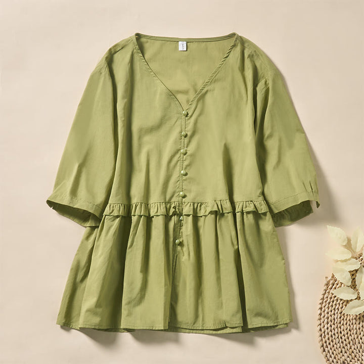 Buddha Stones Sommerliches, einfarbiges Kurzarmhemd für Damen mit V-Ausschnitt und Zierknöpfen - Gelbgrün - US8-10, UK/AU12-14, EU40-42 (2XL) - image 6