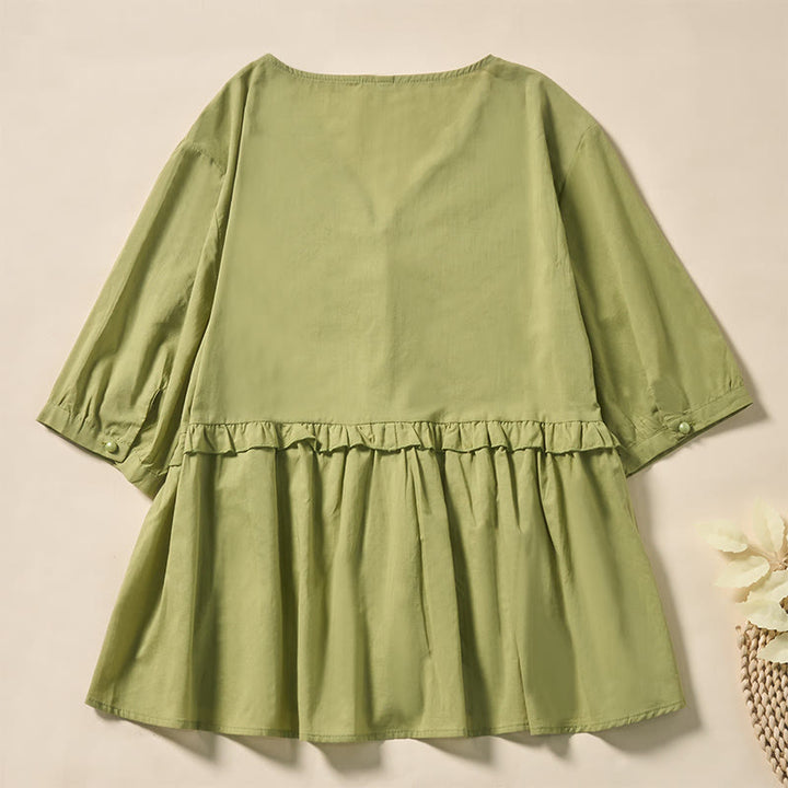 Buddha Stones Sommerliches, einfarbiges Kurzarmhemd für Damen mit V-Ausschnitt und Zierknöpfen - image 7