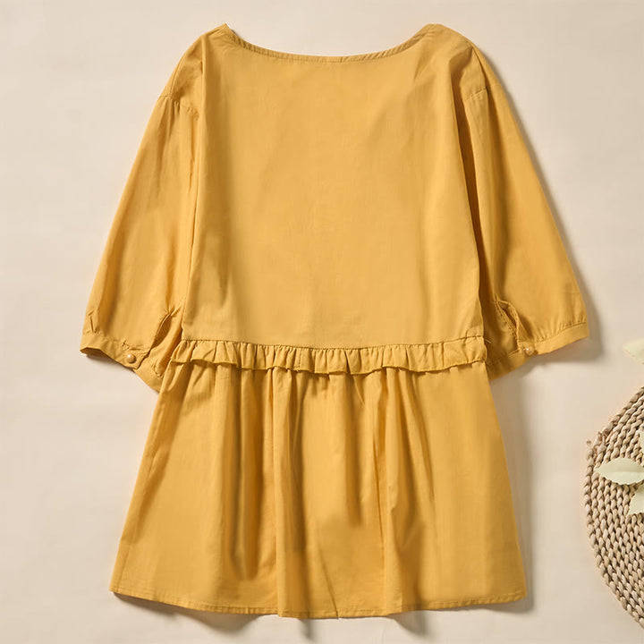 Buddha Stones Sommerliches, einfarbiges Kurzarmhemd für Damen mit V-Ausschnitt und Zierknöpfen - image 27