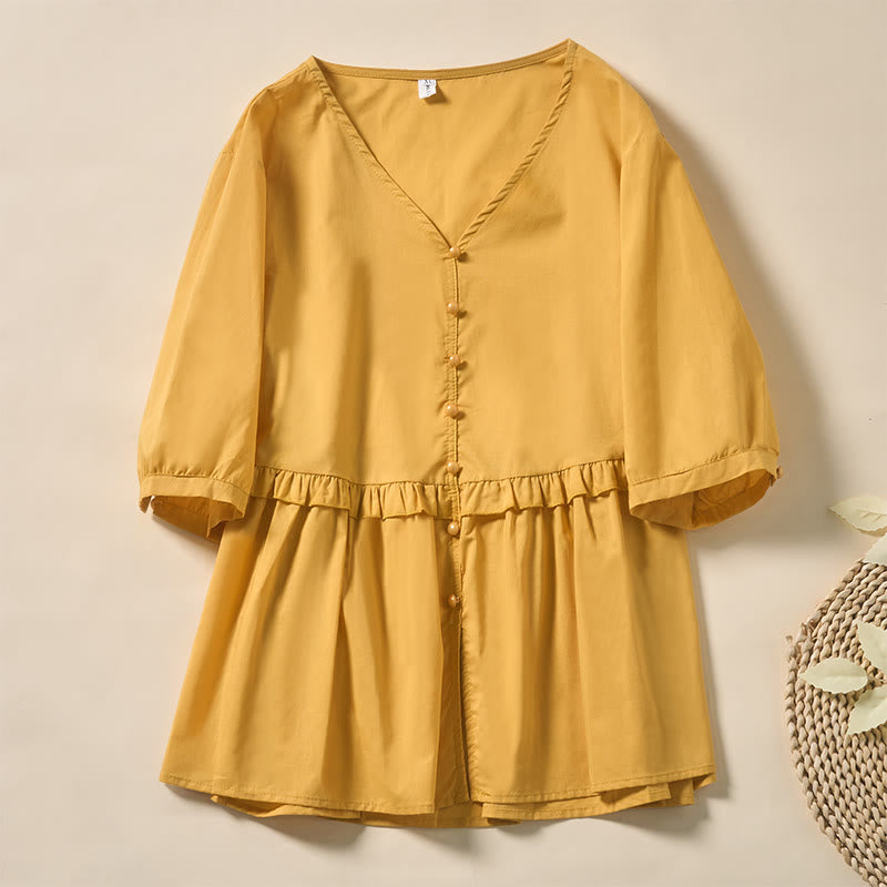 Buddha Stones Sommerliches, einfarbiges Kurzarmhemd für Damen mit V-Ausschnitt und Zierknöpfen - Gold - US 8-10, UK/AU 12-14, EU 40-42 (2XL) - image 26