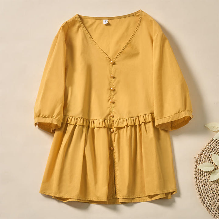 Buddha Stones Sommerliches, einfarbiges Kurzarmhemd für Damen mit V-Ausschnitt und Zierknöpfen - Gold - US 8-10, UK/AU 12-14, EU 40-42 (2XL) - image 26