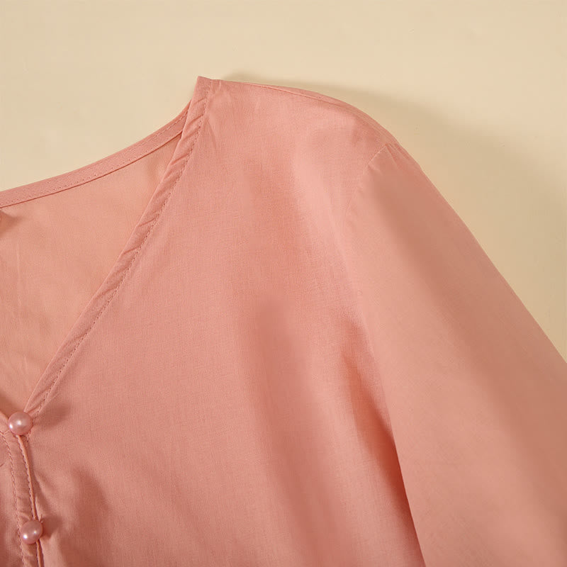 Buddha Stones Sommerliches, einfarbiges Kurzarmhemd für Damen mit V-Ausschnitt und Zierknöpfen - image 18