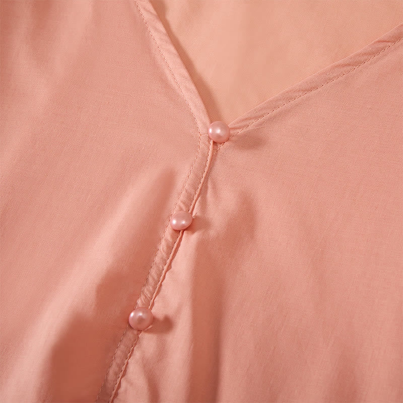 Buddha Stones Sommerliches, einfarbiges Kurzarmhemd für Damen mit V-Ausschnitt und Zierknöpfen - image 17