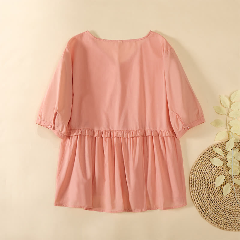 Buddha Stones Sommerliches, einfarbiges Kurzarmhemd für Damen mit V-Ausschnitt und Zierknöpfen - image 14