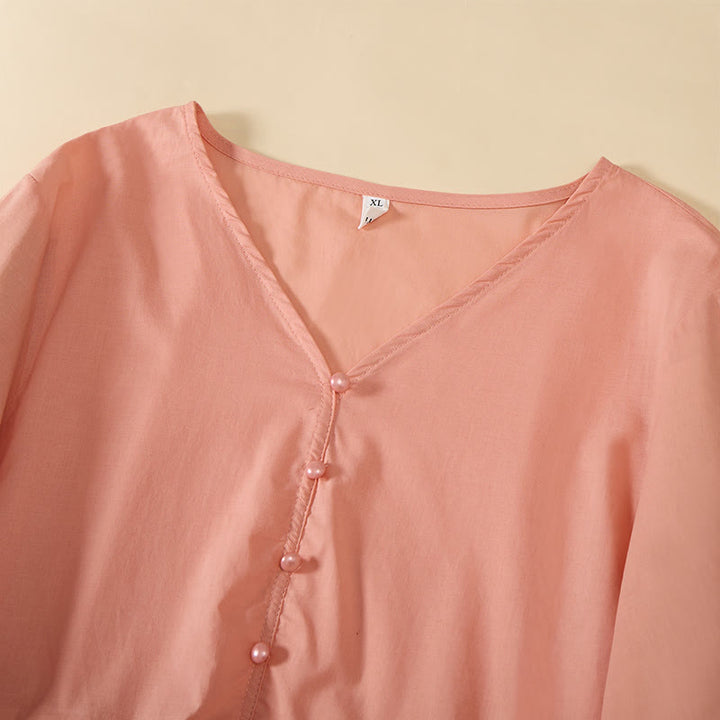 Buddha Stones Sommerliches, einfarbiges Kurzarmhemd für Damen mit V-Ausschnitt und Zierknöpfen - image 16