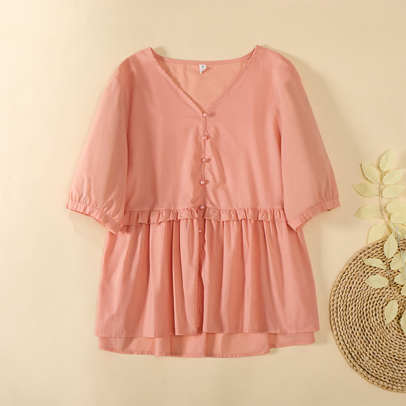 Buddha Stones Sommerliches, einfarbiges Kurzarmhemd für Damen mit V-Ausschnitt und Zierknöpfen - Helllachs - US 8-10, UK/AU 12-14, EU 40-42 (2XL) - image 13