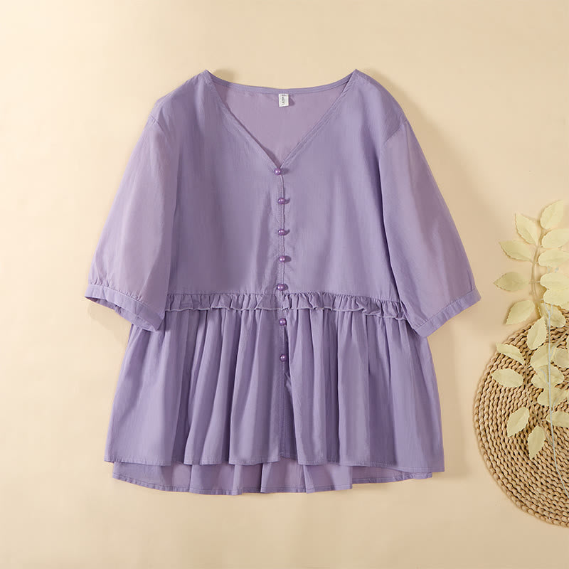 Buddha Stones Sommerliches, einfarbiges Kurzarmhemd für Damen mit V-Ausschnitt und Zierknöpfen - Pflaume - US 8-10, UK/AU 12-14, EU 40-42 (2XL) - image 20