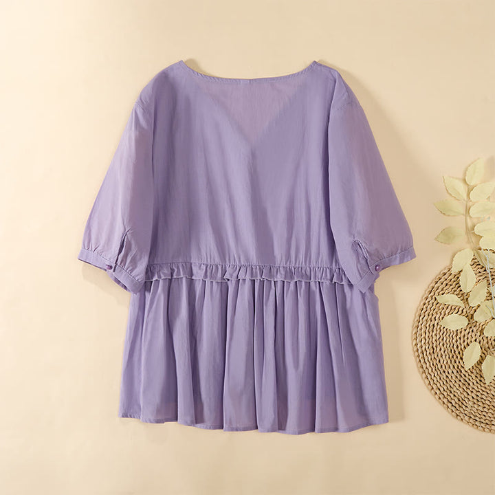 Buddha Stones Sommerliches, einfarbiges Kurzarmhemd für Damen mit V-Ausschnitt und Zierknöpfen - image 21