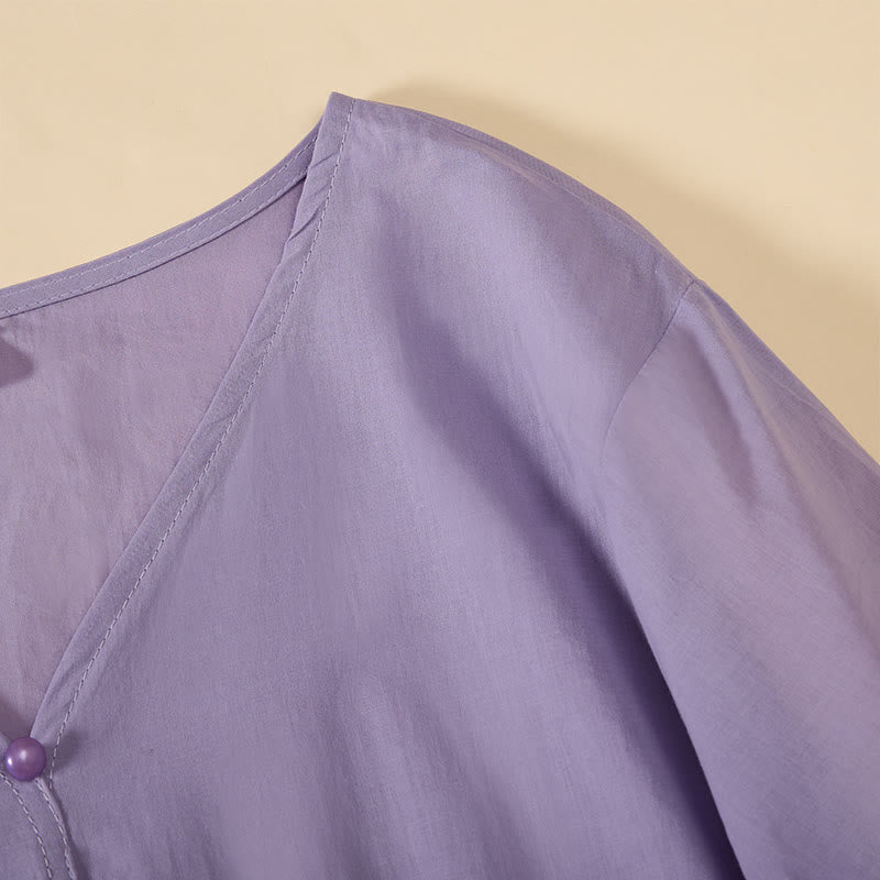 Buddha Stones Sommerliches, einfarbiges Kurzarmhemd für Damen mit V-Ausschnitt und Zierknöpfen - image 24