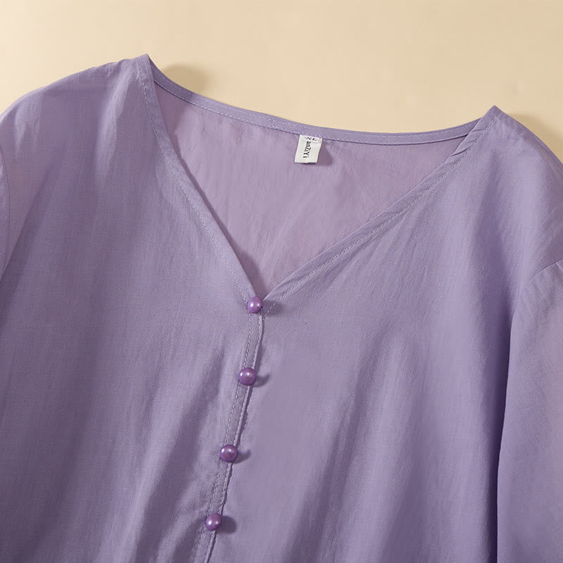 Buddha Stones Sommerliches, einfarbiges Kurzarmhemd für Damen mit V-Ausschnitt und Zierknöpfen - image 23