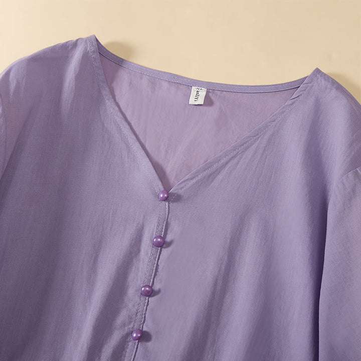 Buddha Stones Sommerliches, einfarbiges Kurzarmhemd für Damen mit V-Ausschnitt und Zierknöpfen - image 23