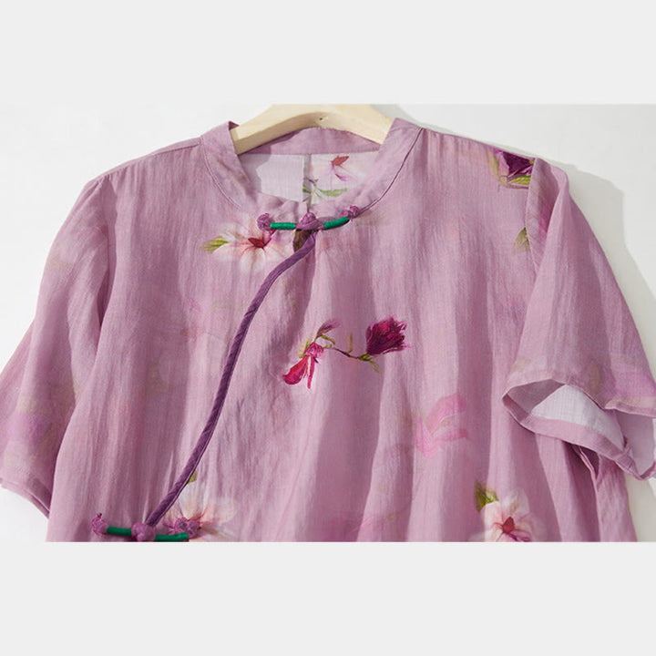 Buddha Stones Sommerliches Midikleid mit Stehkragen, kurzen Ärmeln und Taschen, Orchideenmuster und Blumenmuster - image 7