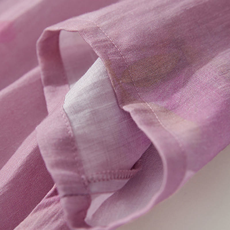 Buddha Stones Sommerliches Midikleid mit Stehkragen, kurzen Ärmeln und Taschen, Orchideenmuster und Blumenmuster - image 10