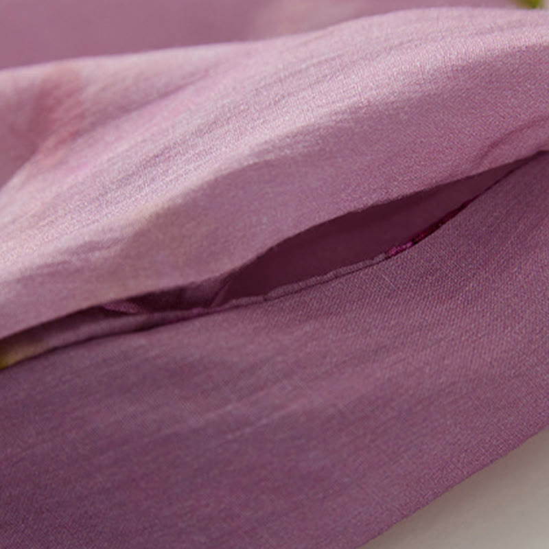Buddha Stones Sommerliches Midikleid mit Stehkragen, kurzen Ärmeln und Taschen, Orchideenmuster und Blumenmuster - image 9