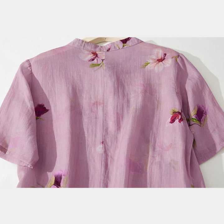 Buddha Stones Sommerliches Midikleid mit Stehkragen, kurzen Ärmeln und Taschen, Orchideenmuster und Blumenmuster - image 8