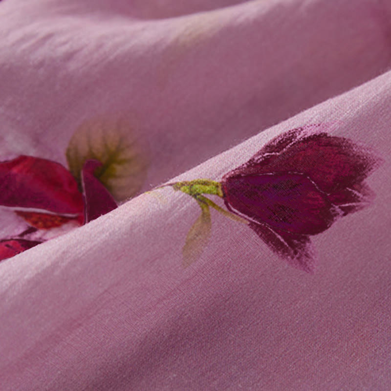 Buddha Stones Sommerliches Midikleid mit Stehkragen, kurzen Ärmeln und Taschen, Orchideenmuster und Blumenmuster - image 5