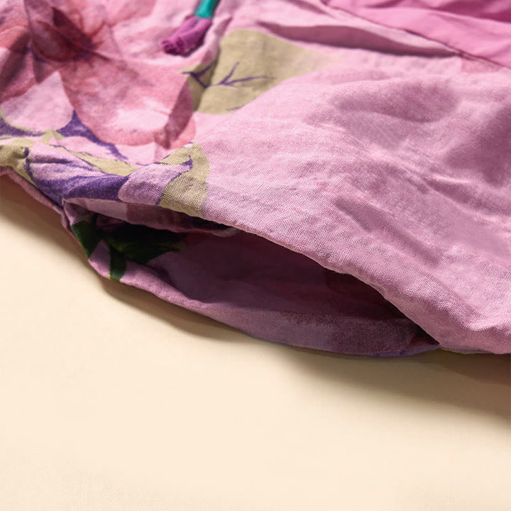 Buddha Stones Sommerliches Midikleid mit Stehkragen, kurzen Ärmeln und Taschen, Orchideenmuster und Blumenmuster - image 3