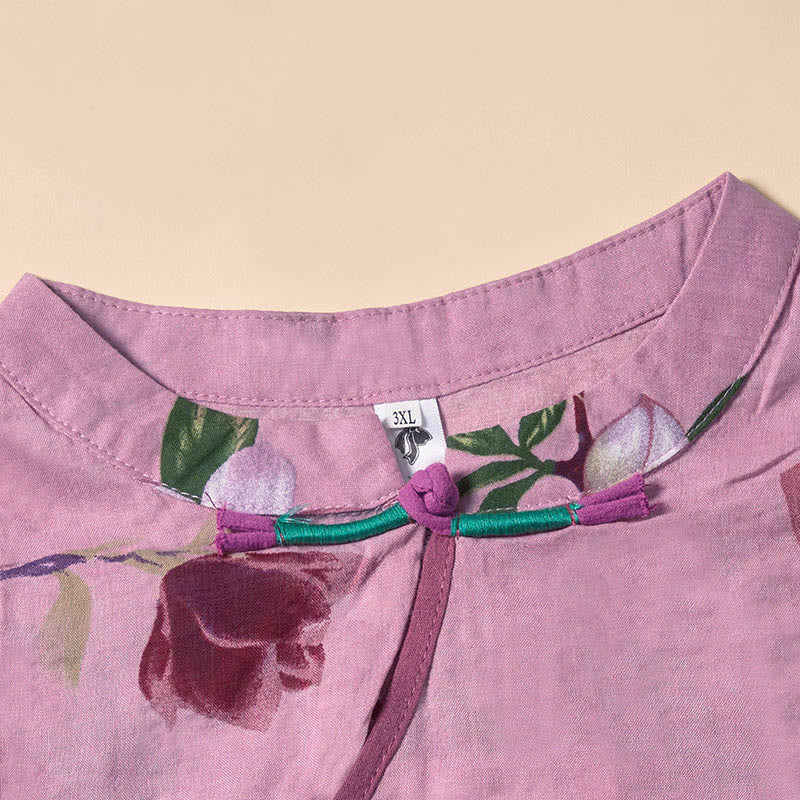 Buddha Stones Sommerliches Midikleid mit Stehkragen, kurzen Ärmeln und Taschen, Orchideenmuster und Blumenmuster - image 2