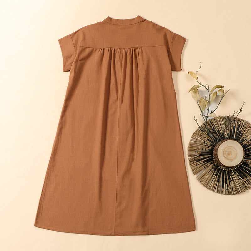 Buddha Stones Sommerkleid in Unifarbe mit Stehkragen, A-Linien-Schnitt und kurzen Ärmeln, Midi-Länge - image 1