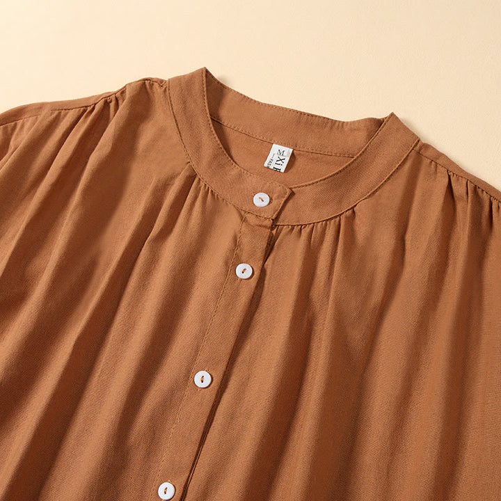 Buddha Stones Sommerkleid in Unifarbe mit Stehkragen, A-Linien-Schnitt und kurzen Ärmeln, Midi-Länge - image 2