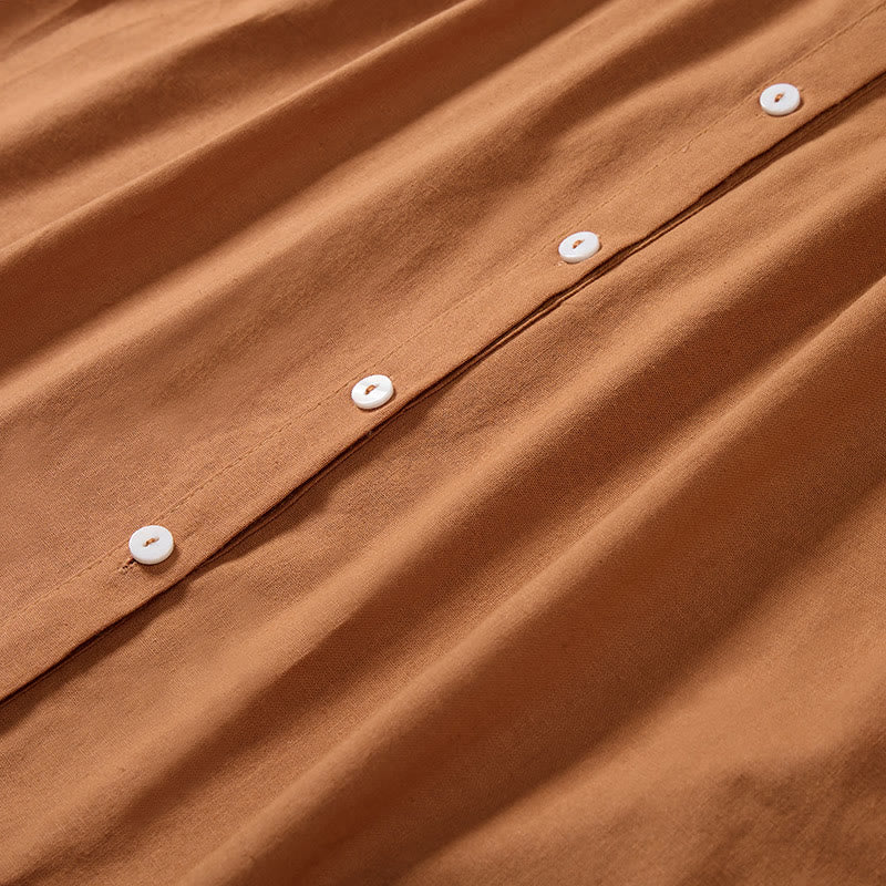 Buddha Stones Sommerkleid in Unifarbe mit Stehkragen, A-Linien-Schnitt und kurzen Ärmeln, Midi-Länge - image 3
