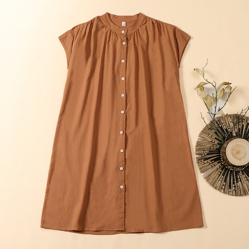 Buddha Stones Sommerkleid in Unifarbe mit Stehkragen, A-Linien-Schnitt und kurzen Ärmeln, Midi-Länge - SandyBrown - US12, UK/AU16, EU44 (2XL) - image 0