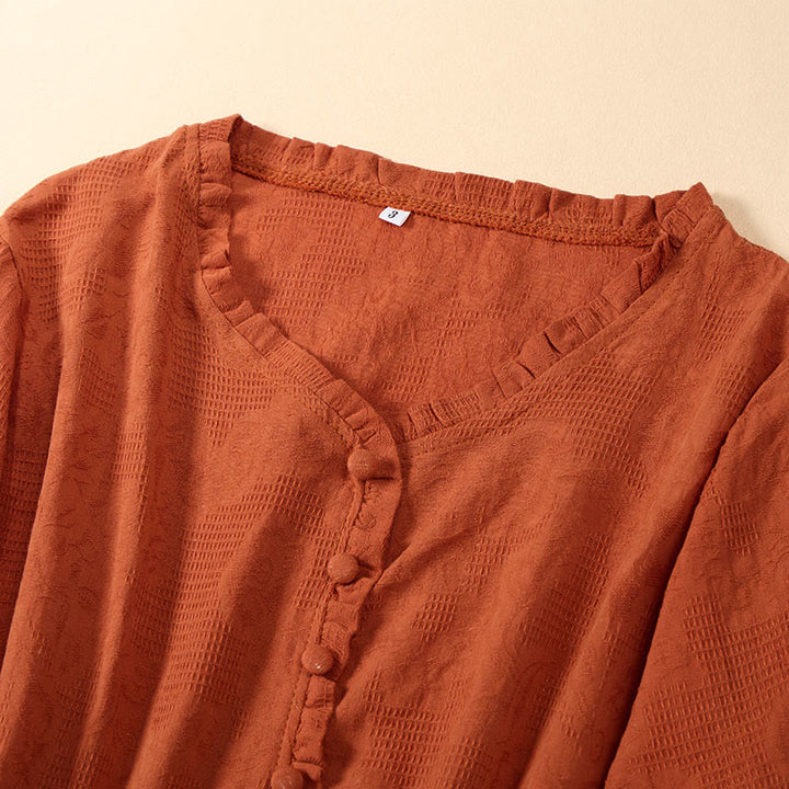 Buddha Stones Sommerliches, mittellanges Baumwollkleid mit V-Ausschnitt, floraler Stickerei, kurzen Ärmeln und Taschen - image 2