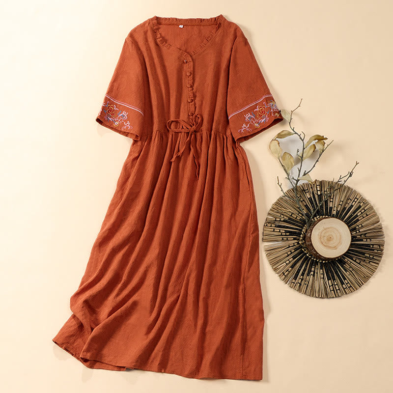 Buddha Stones Sommerliches, mittellanges Baumwollkleid mit V-Ausschnitt, floraler Stickerei, kurzen Ärmeln und Taschen - Tomate - US 8-10, UK/AU 12-14, EU 40-42 (2XL) - image 0