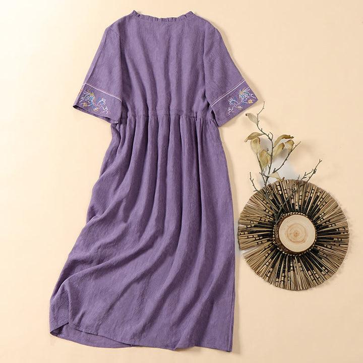 Buddha Stones Sommerliches, mittellanges Baumwollkleid mit V-Ausschnitt, floraler Stickerei, kurzen Ärmeln und Taschen - image 12