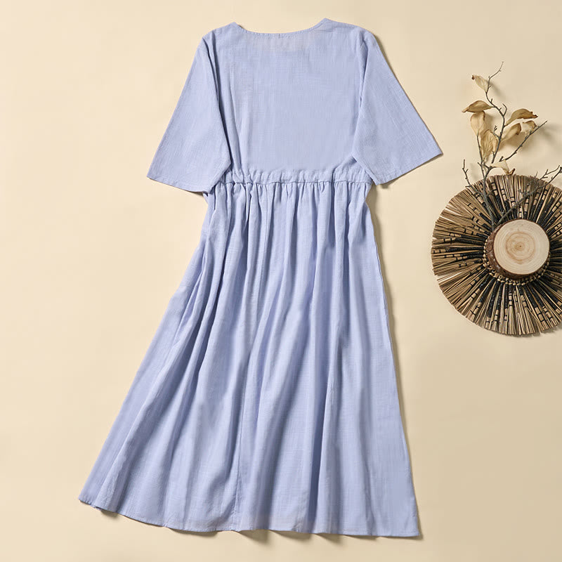 Buddha Stones Sommerliches Midikleid mit Weinrebenstickerei, Schnürung, kurzen Ärmeln und Taschen - image 1