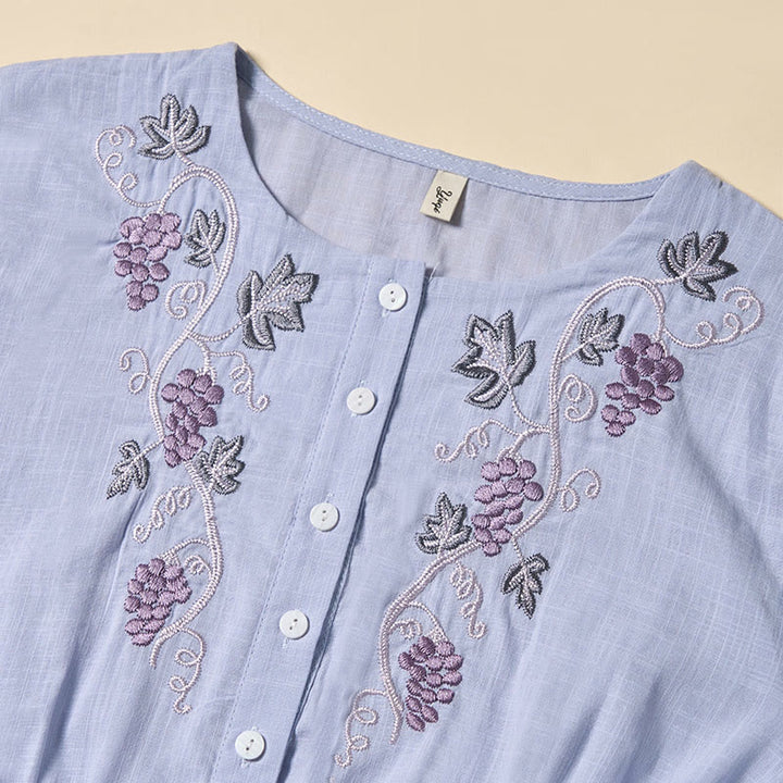 Buddha Stones Sommerliches Midikleid mit Weinrebenstickerei, Schnürung, kurzen Ärmeln und Taschen - image 2