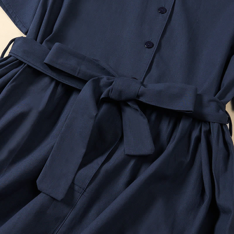 Buddha Stones Sommerliches, einfarbiges A-Linien-Kleid mit kurzen Ärmeln und Schnürung, Taschen - image 4