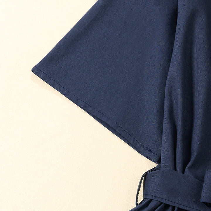 Buddha Stones Sommerliches, einfarbiges A-Linien-Kleid mit kurzen Ärmeln und Schnürung, Taschen - image 5