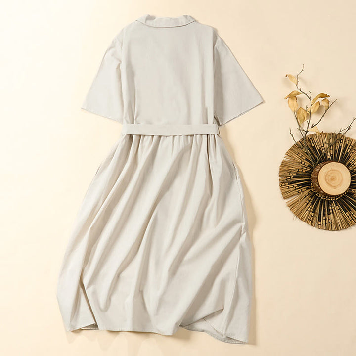 Buddha Stones Sommerliches, einfarbiges A-Linien-Kleid mit kurzen Ärmeln und Schnürung, Taschen - image 9