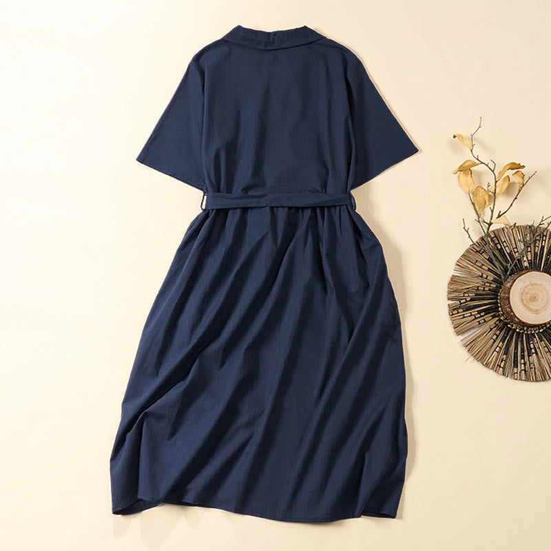 Buddha Stones Sommerliches, einfarbiges A-Linien-Kleid mit kurzen Ärmeln und Schnürung, Taschen - image 1