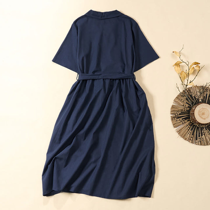 Buddha Stones Sommerliches, einfarbiges A-Linien-Kleid mit kurzen Ärmeln und Schnürung, Taschen - image 1