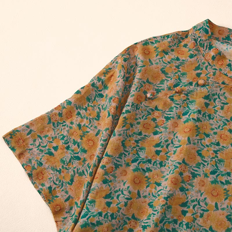 Buddha Stones Sommerliches Damen-Baumwollhemd mit Froschknopfleiste, Stehkragen, kurzen Ärmeln und Blumenmuster - image 1