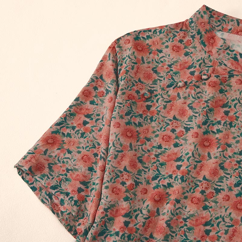 Buddha Stones Sommerliches Damen-Baumwollhemd mit Froschknopfleiste, Stehkragen, kurzen Ärmeln und Blumenmuster - image 11