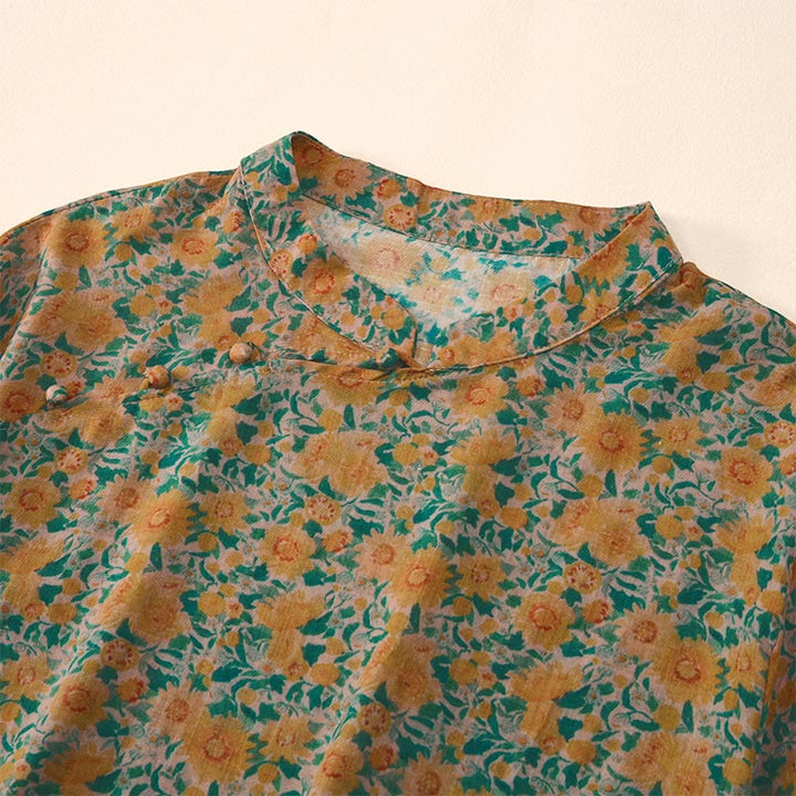 Buddha Stones Sommerliches Damen-Baumwollhemd mit Froschknopfleiste, Stehkragen, kurzen Ärmeln und Blumenmuster - image 2