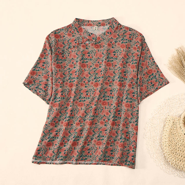 Buddha Stones Sommerliches Damen-Baumwollhemd mit Froschknopfleiste, Stehkragen, kurzen Ärmeln und Blumenmuster - Tomate - US12, UK/AU16, EU44 (2XL) - image 6