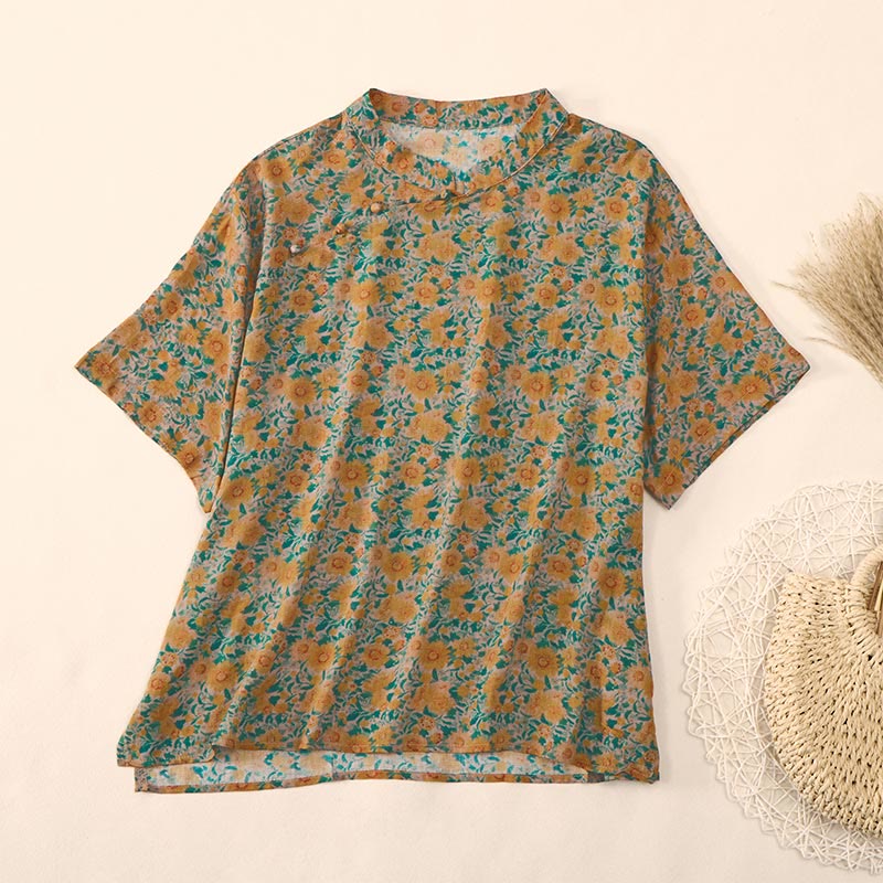 Buddha Stones Sommerliches Damen-Baumwollhemd mit Froschknopfleiste, Stehkragen, kurzen Ärmeln und Blumenmuster - Goldrute - US12, UK/AU16, EU44 (2XL) - image 0