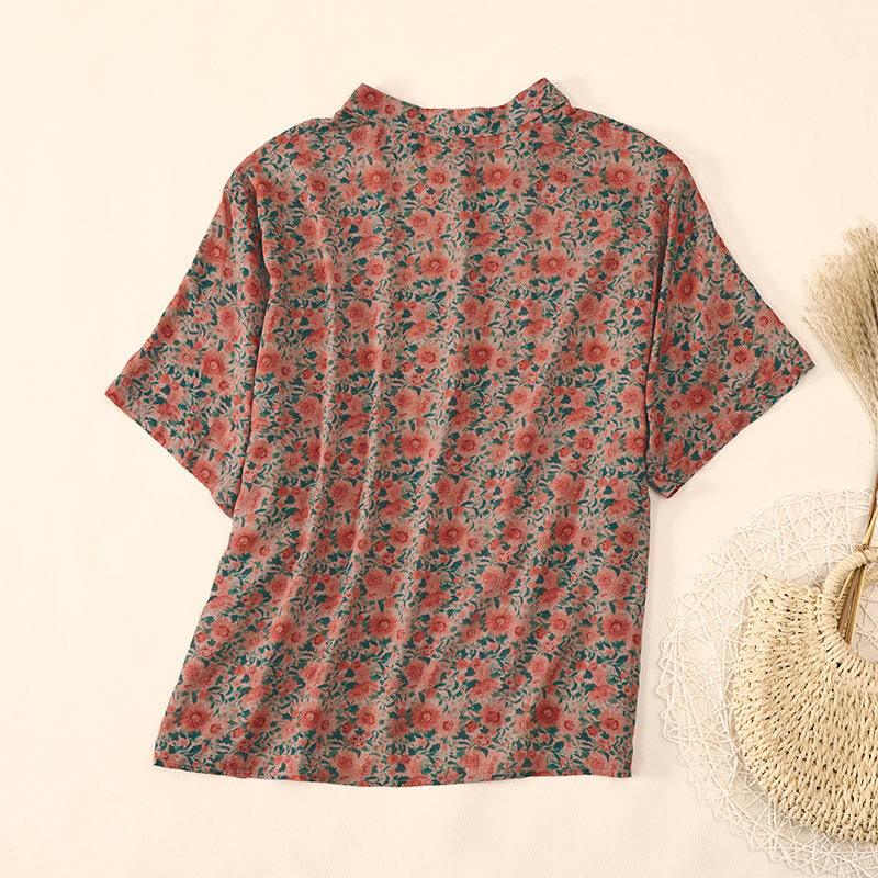 Buddha Stones Sommerliches Damen-Baumwollhemd mit Froschknopfleiste, Stehkragen, kurzen Ärmeln und Blumenmuster - image 9
