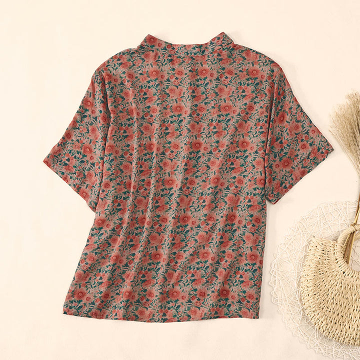 Buddha Stones Sommerliches Damen-Baumwollhemd mit Froschknopfleiste, Stehkragen, kurzen Ärmeln und Blumenmuster - image 9