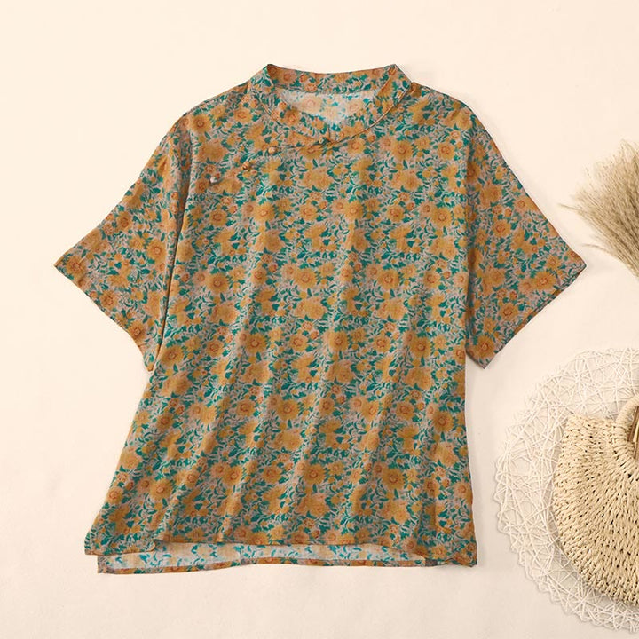Buddha Stones Sommerliches Damen-Baumwollhemd mit Froschknopfleiste, Stehkragen, kurzen Ärmeln und Blumenmuster - Goldrute - US12, UK/AU16, EU44 (2XL) - image 0