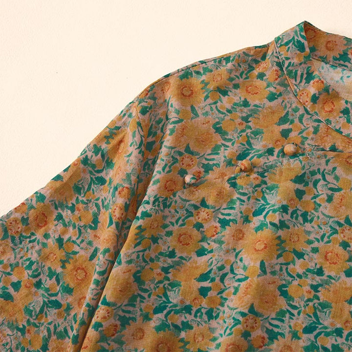 Buddha Stones Sommerliches Damen-Baumwollhemd mit Froschknopfleiste, Stehkragen, kurzen Ärmeln und Blumenmuster - image 4