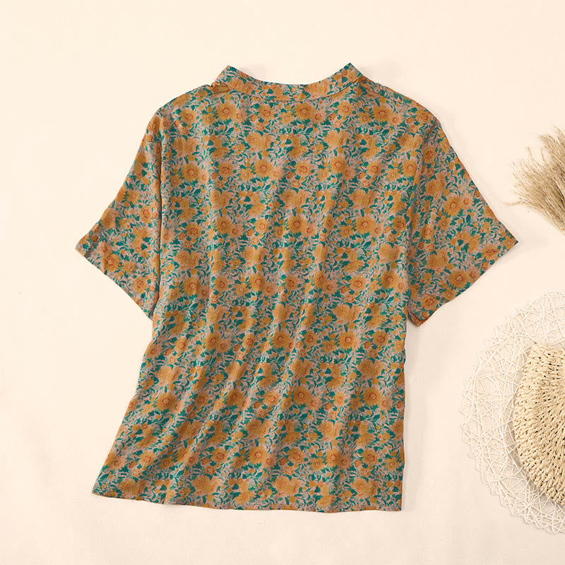 Buddha Stones Sommerliches Damen-Baumwollhemd mit Froschknopfleiste, Stehkragen, kurzen Ärmeln und Blumenmuster - image 3